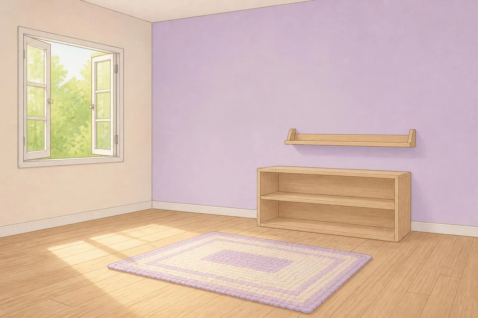 Tablette murale à rebord et rayonnage bas en bois clair, vides, contre le mur lilas d'une chambre d'enfant