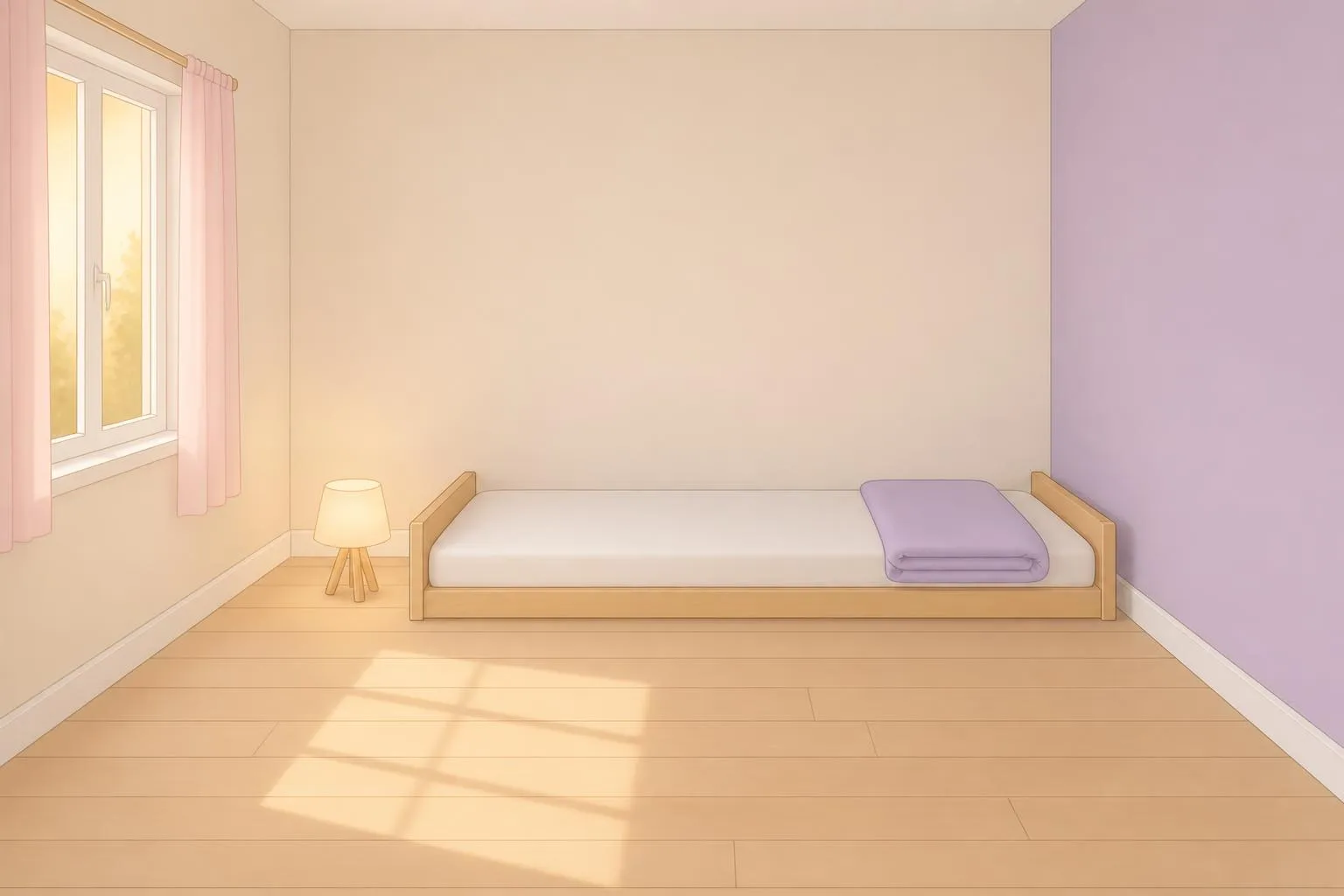 Lit bas en bois clair contre un mur de chambre, sol dégagé et petite lampe posée au ras du matelas