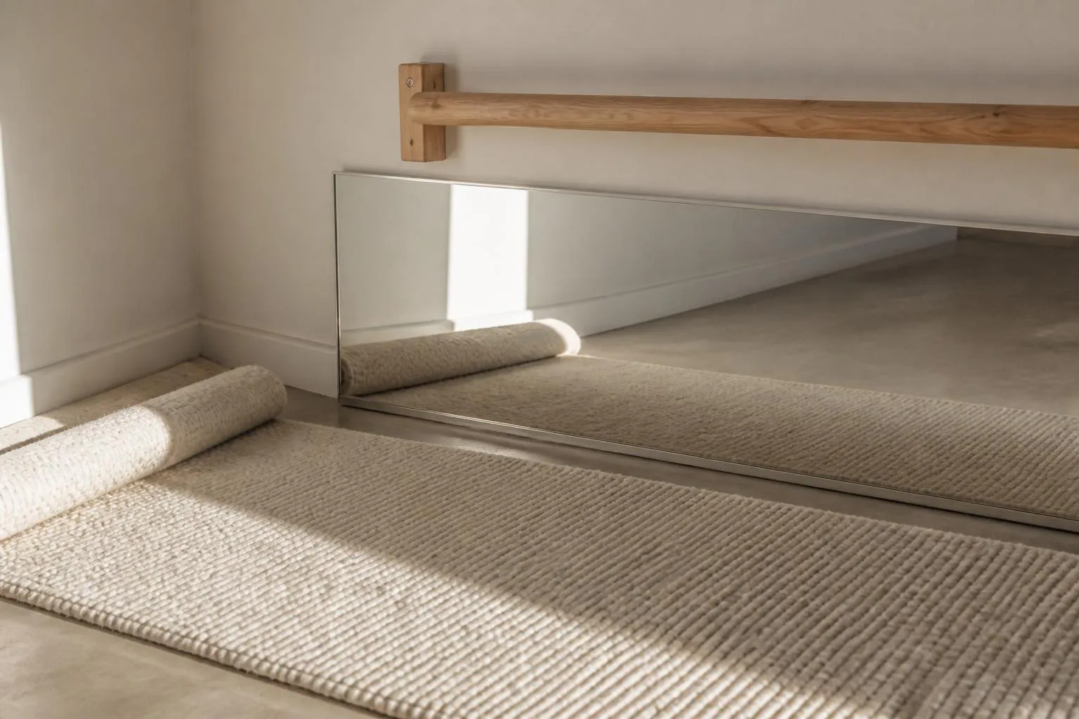 Miroir rectangulaire posé à l'horizontale le long d'une plinthe, tapis de laine clair devant et barre en bois fixée au mur