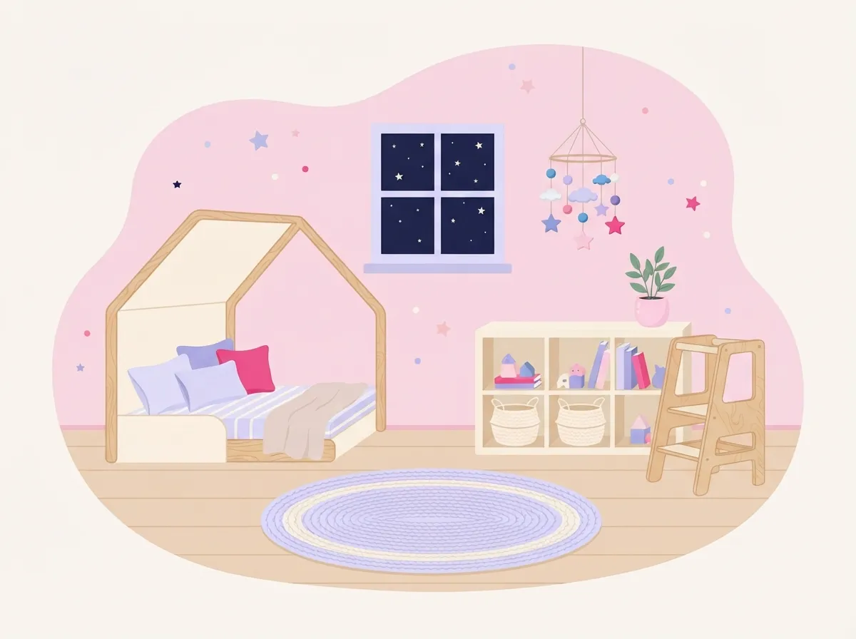 Illustration d'une chambre Montessori : lit cabane au sol, étagère basse et tour d'observation