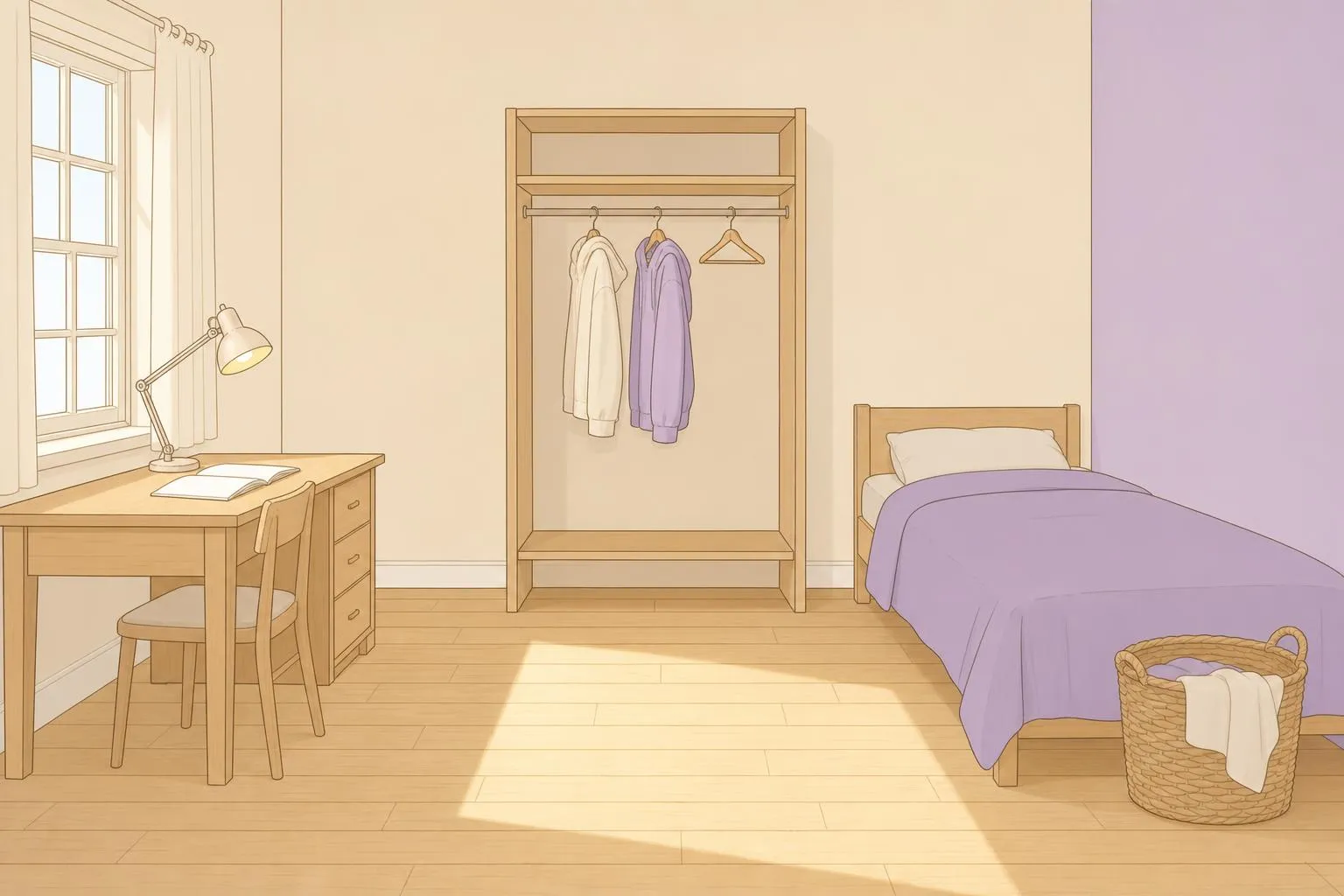 Chambre d'adolescent en fin de journée, bureau en bois avec une lampe allumée, panier à linge au pied du lit et penderie ouverte au fond