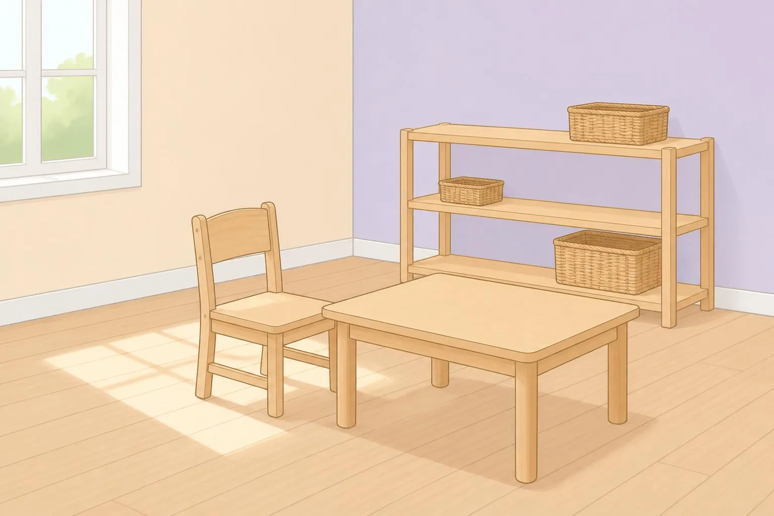 Petite chaise et table basses en bois clair devant une étagère ouverte, dans une pièce dégagée