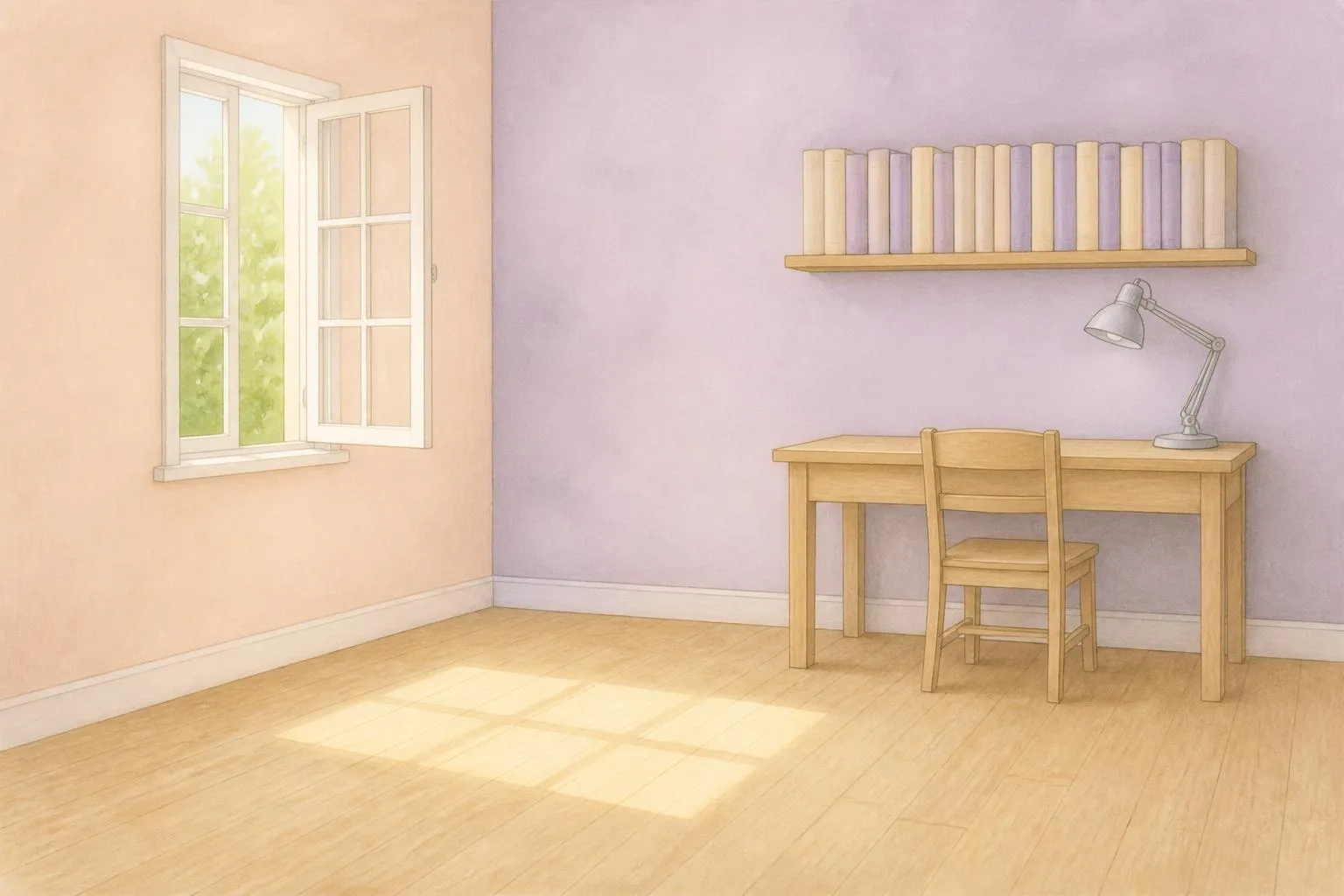 Bureau en bois sous une fenêtre, chaise à dossier, étagère murale avec des livres rangés sur la tranche