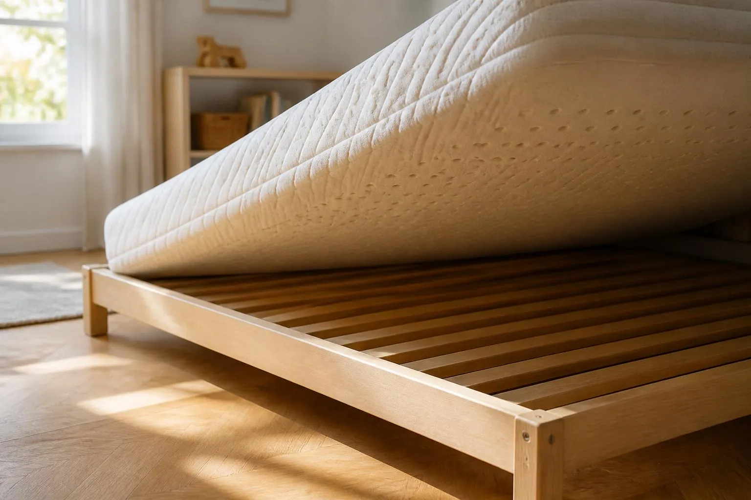 Matelas d'enfant soulevé par un coin au-dessus d'un cadre à lattes bas, parquet clair visible dessous