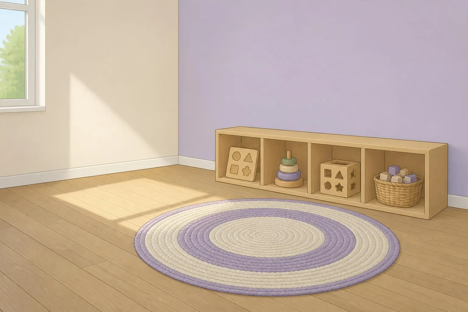 Étagère basse en bois à quatre cases, un seul jeu par case, devant un tapis clair